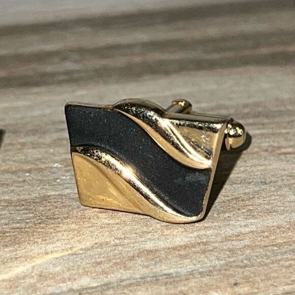 Vintage Retro Inlay Cufflinks Signed Men’s Gold Tone  Black Old Money Heritage - Picture 3 of 8